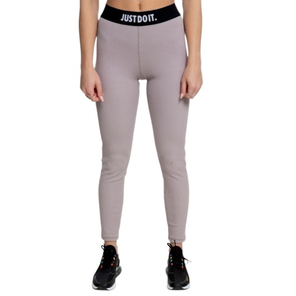 NIKE | RIBBED JUST DO IT LEGGINGS IN PUMICE LIKE NEW STRETCH WAISTBAND | LARGE - Picture 2 of 10